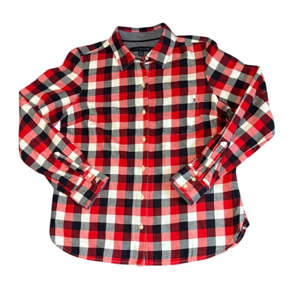 Tommy Hilfiger Womens Red Navy Blue Buffalo Plaid Button Down Shirt Size S